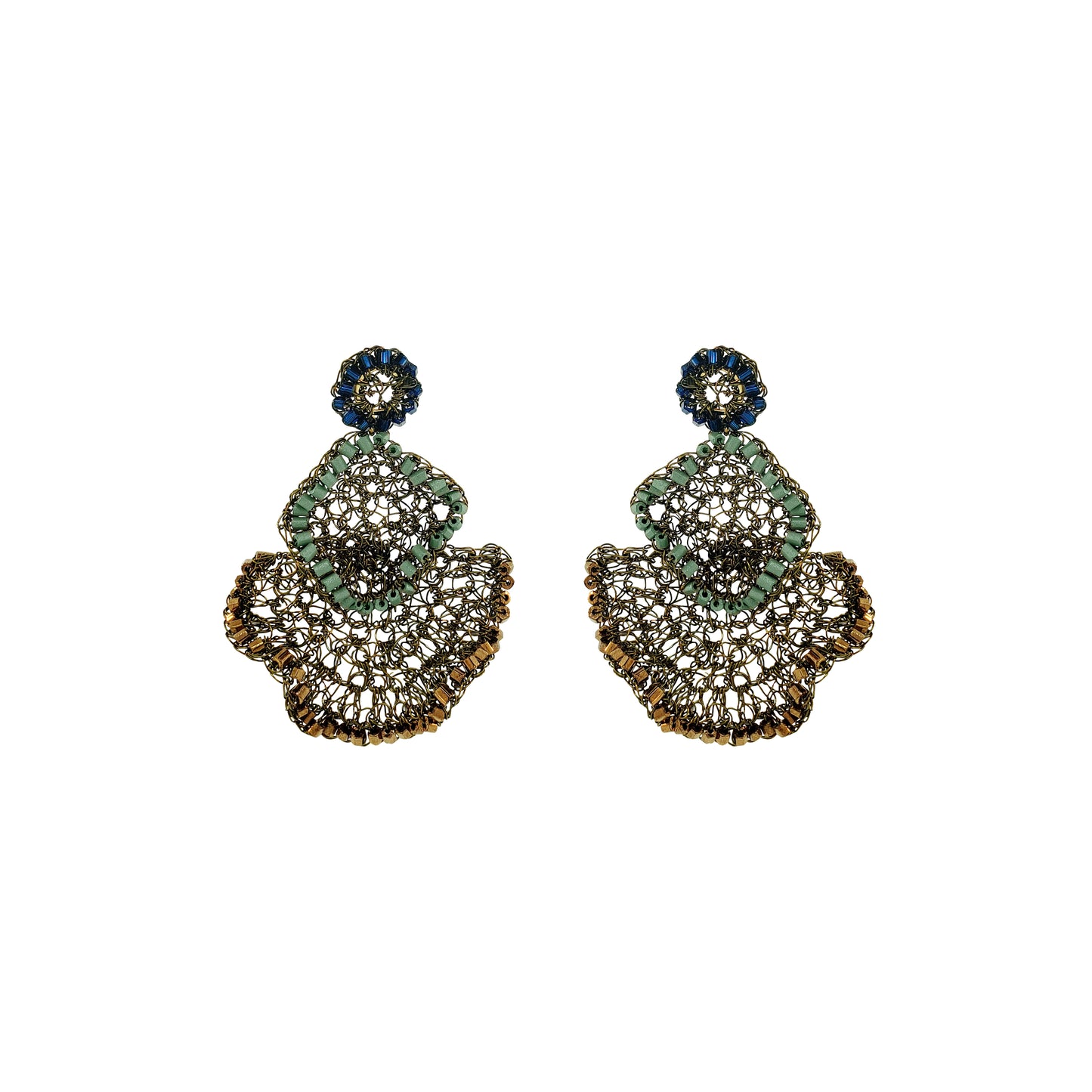 Riviera Mix Jasmine Trio handmade crochet earrings with layered floral design and blue, sage green and bronze bead accents.