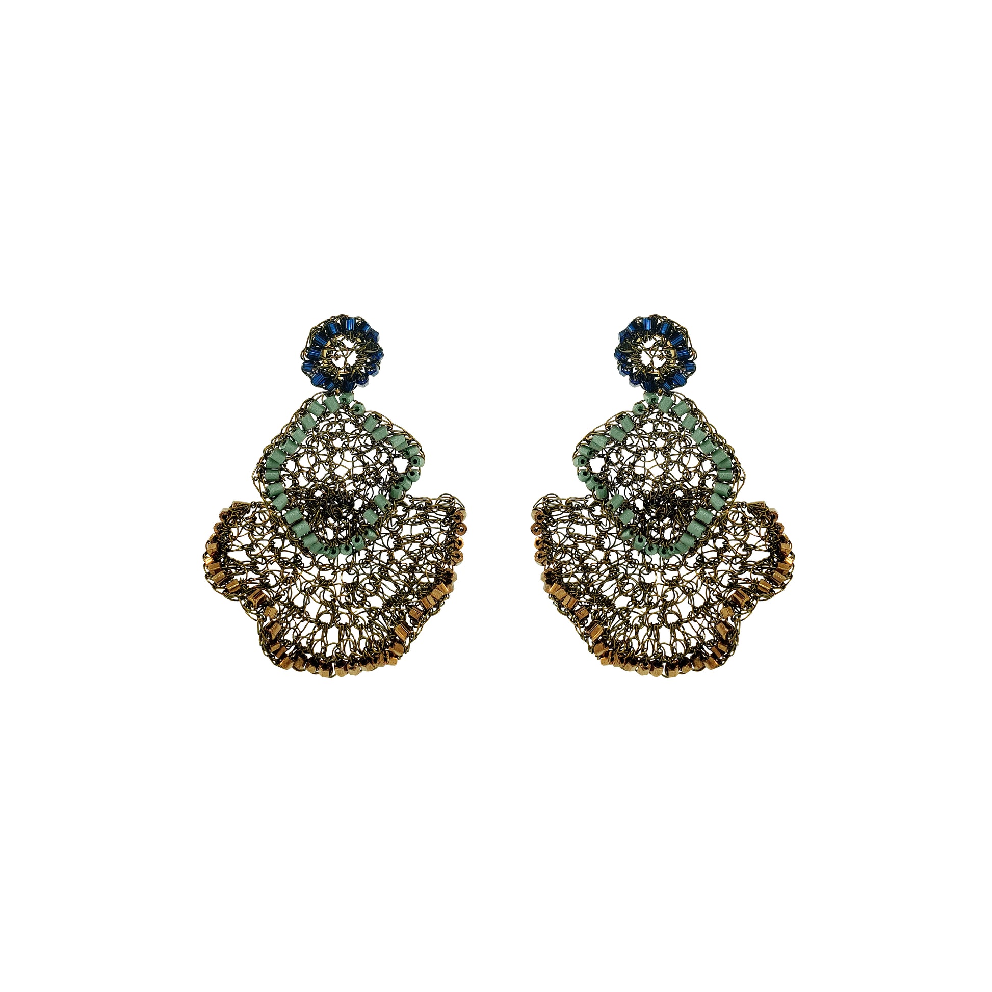 Riviera Mix Jasmine Trio handmade crochet earrings with layered floral design and blue, sage green and bronze bead accents.