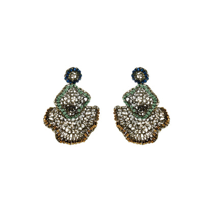 Riviera Mix Jasmine Trio handmade crochet earrings with layered floral design and blue, sage green and bronze bead accents.