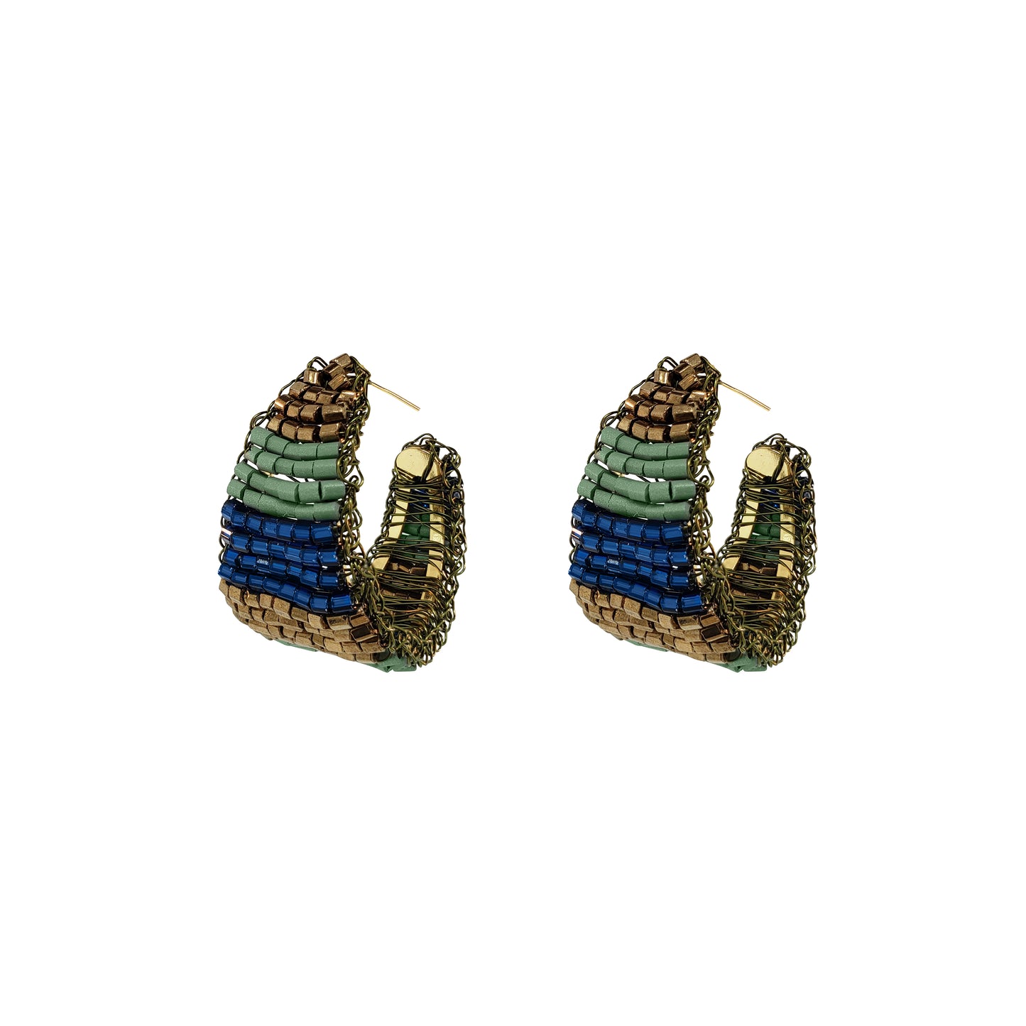 A pair of handmade beaded hoop earrings with a layered design of brown, green, and blue seed beads, shown on a plain white background. Shop Riviera Mix Nyx Hoop Earrings, hand-crocheted in Brazil with enameled wire in blue, sage green and bronze for a lightweight statement look.