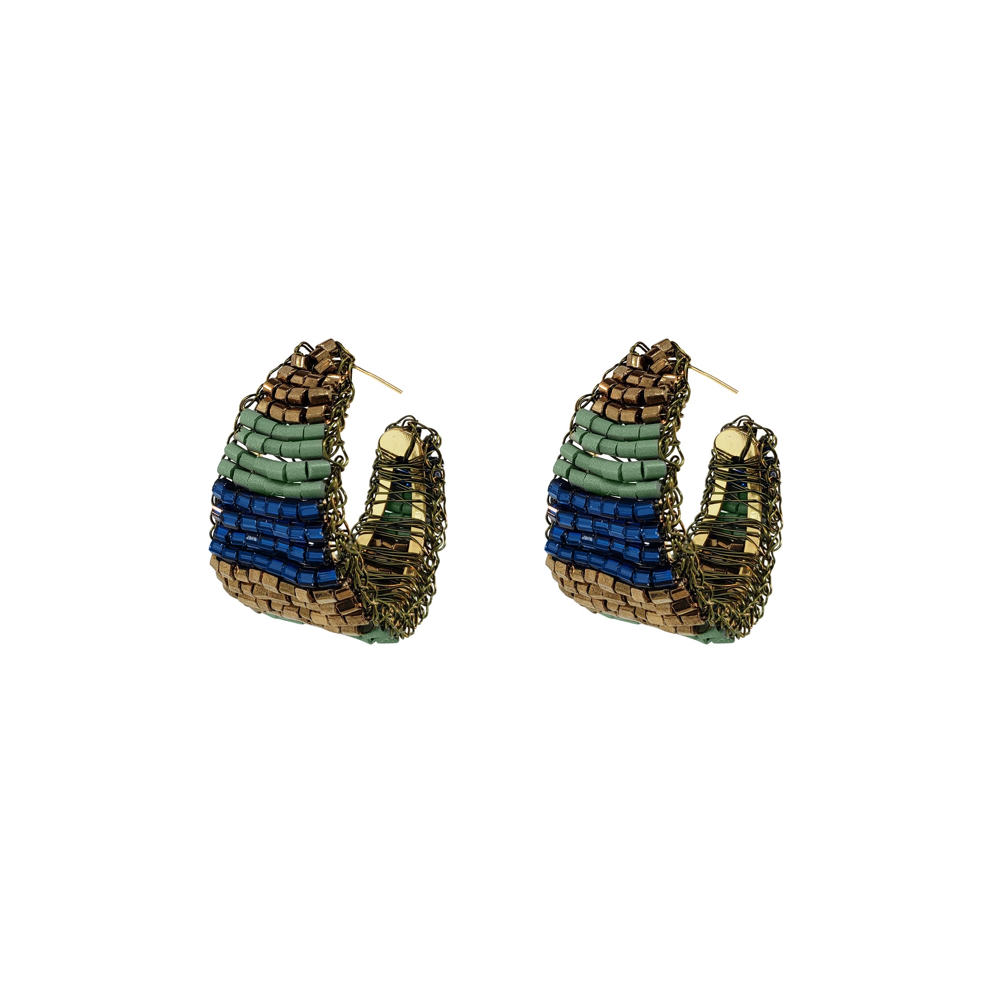 A pair of handmade beaded hoop earrings with a layered design of brown, green, and blue seed beads, shown on a plain white background. Shop Riviera Mix Nyx Hoop Earrings, hand-crocheted in Brazil with enameled wire in blue, sage green and bronze for a lightweight statement look.