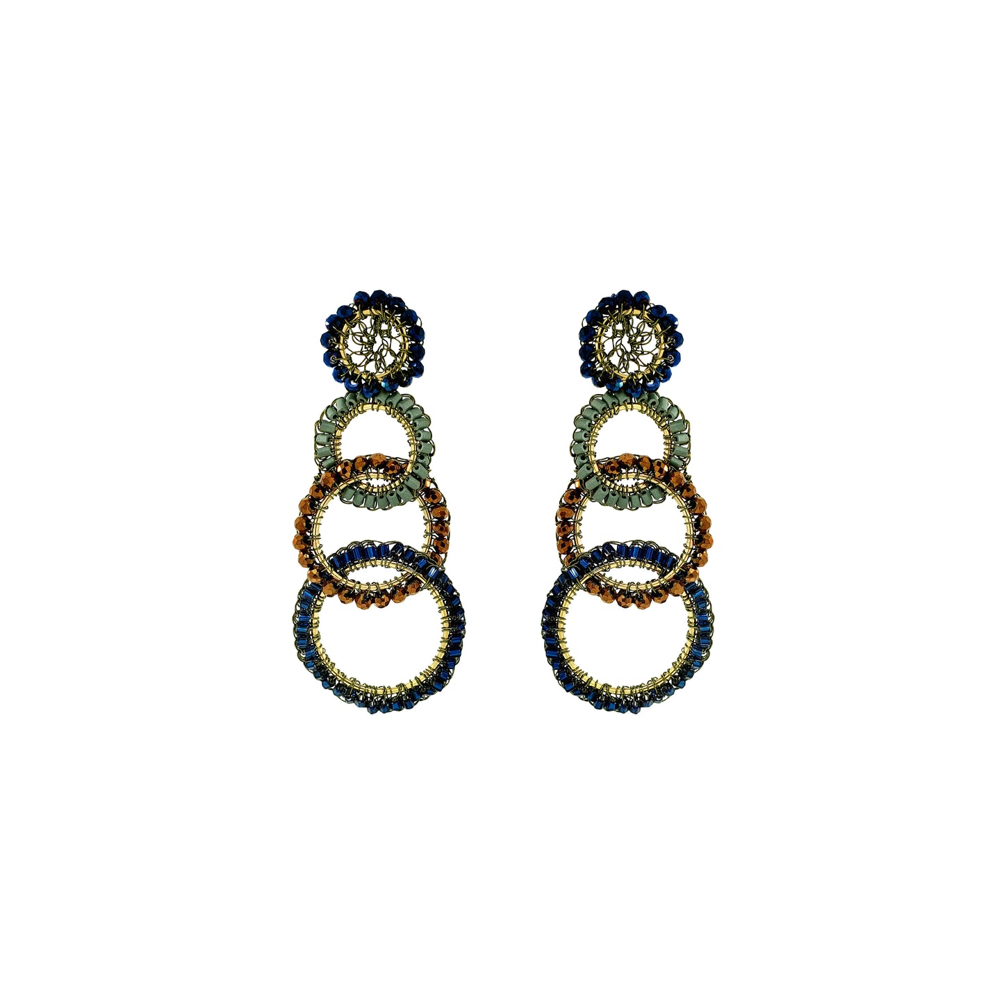 A pair of statement drop earrings featuring stacked interlocking rings in navy blue, emerald green, and gold, with a floral stud top, shown on a plain white background. Shop Riviera Mix Olympia Earrings, handcrafted in Brazil with 18K gold filled wire and colorful crystal-accented links. Lightweight, bold and unique.