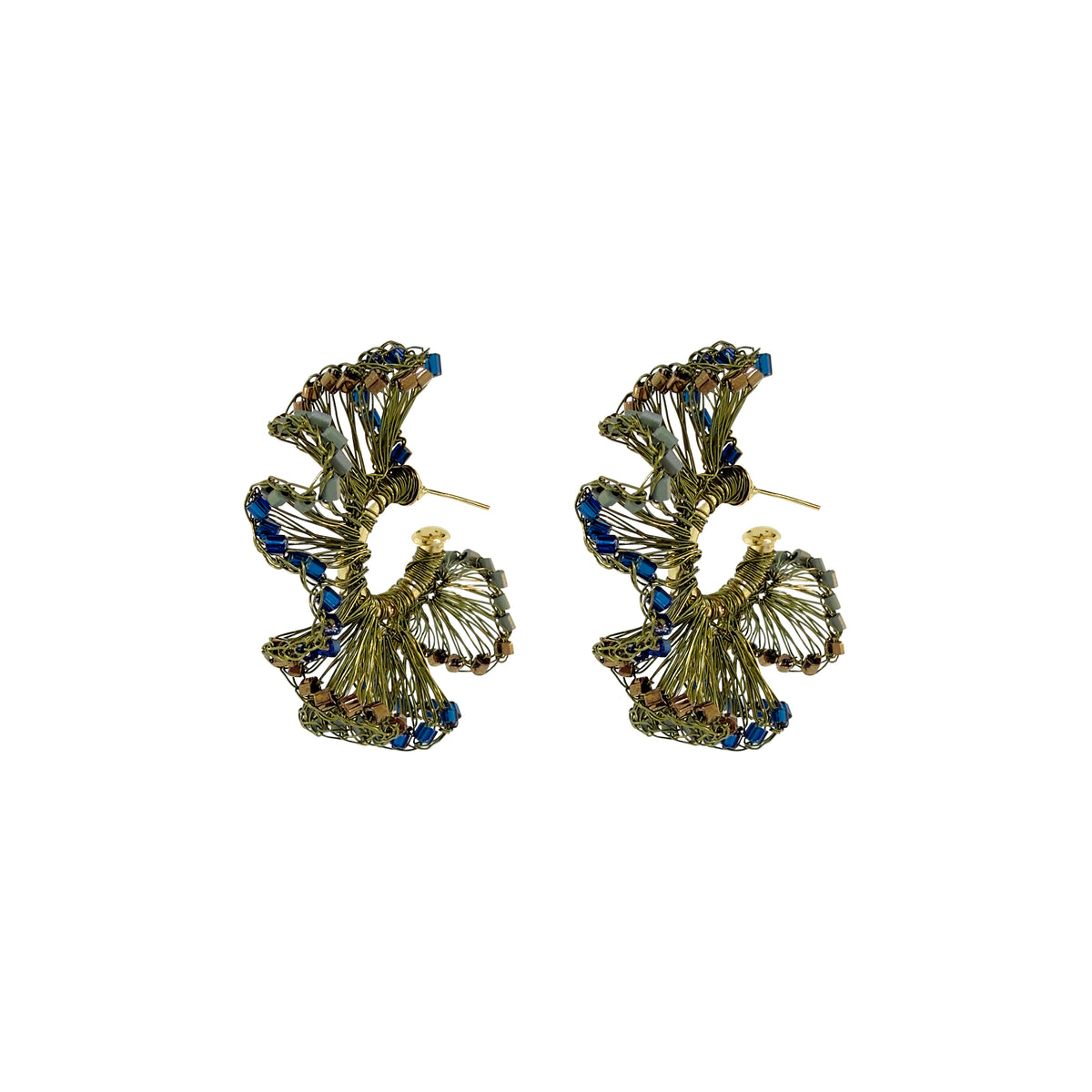 A pair of gold-toned statement earrings with a layered, textured design accented by small blue rhinestones, shown on a plain white background. Riviera Mix Rio Hoop handmade crochet earrings with ruffled deep blue, sage green and bronze accents in 18 karat gold filled and enameled wire.
