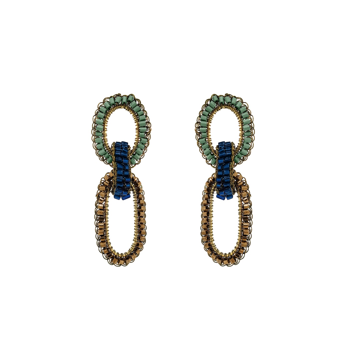 A pair of gold-toned beaded drop earrings with interlocking oval links, featuring a top link in light green beads and a bottom link in dark blue beads, set against a plain white background. Shop Riviera Mix Stevie Earrings, handcrafted in Brazil with interlocking crochet links, 18K gold-filled and enameled wire in elegant Riviera tones.