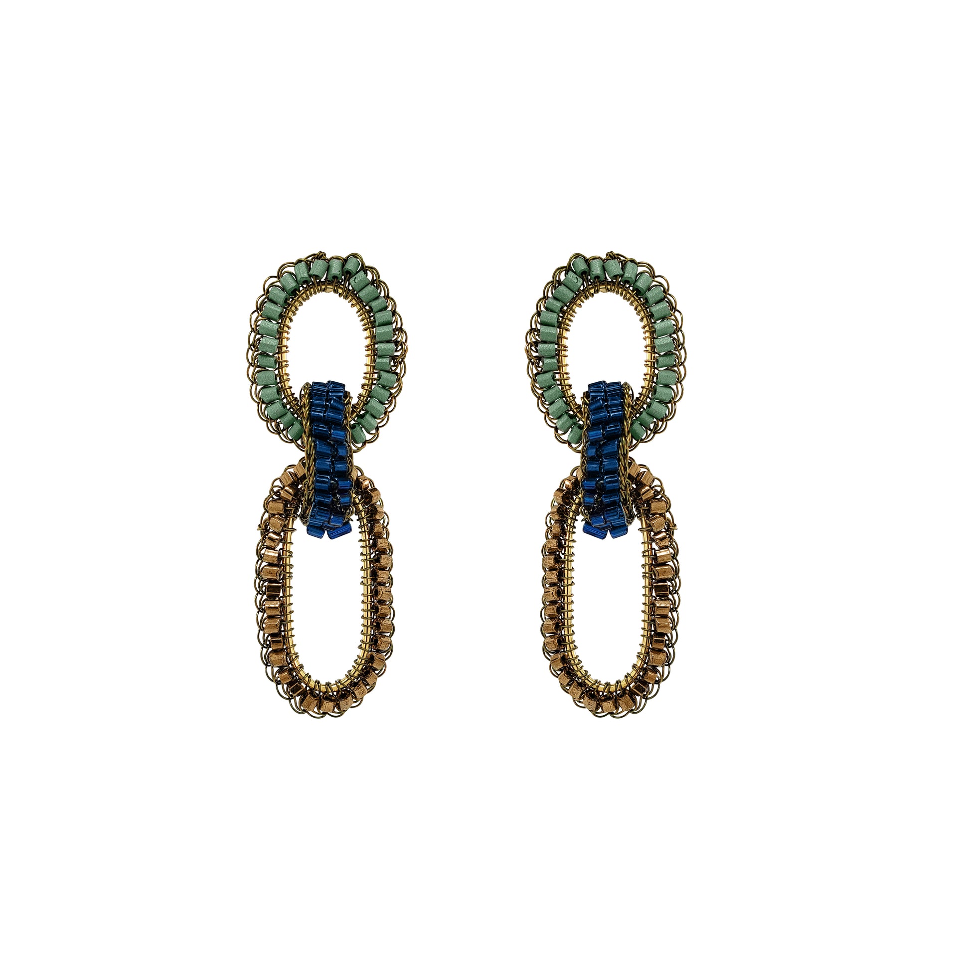 A pair of gold-toned beaded drop earrings with interlocking oval links, featuring a top link in light green beads and a bottom link in dark blue beads, set against a plain white background. Shop Riviera Mix Stevie Earrings, handcrafted in Brazil with interlocking crochet links, 18K gold-filled and enameled wire in elegant Riviera tones.