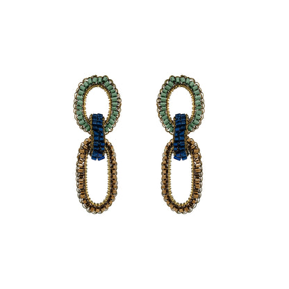 A pair of gold-toned beaded drop earrings with interlocking oval links, featuring a top link in light green beads and a bottom link in dark blue beads, set against a plain white background. Shop Riviera Mix Stevie Earrings, handcrafted in Brazil with interlocking crochet links, 18K gold-filled and enameled wire in elegant Riviera tones.
