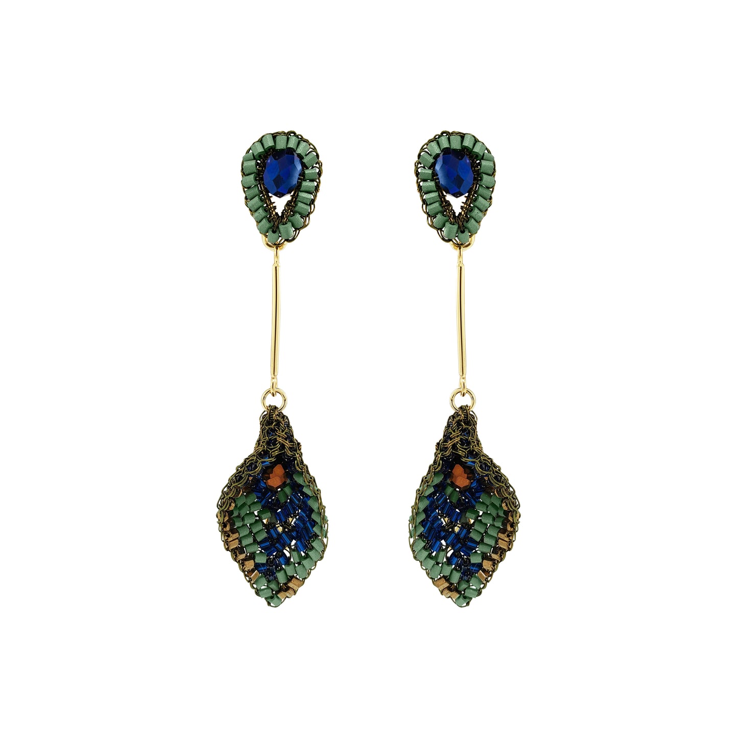A pair of beaded drop earrings with green and blue beadwork, gold-tone metal bars, and oval blue center stones, shown on a plain white background. Shop Riviera Mix Tulip Earrings, handcrafted in Brazil with 18K gold filled and enameled wire. Lightweight leaf dangle earrings in blue, sage green and bronze.