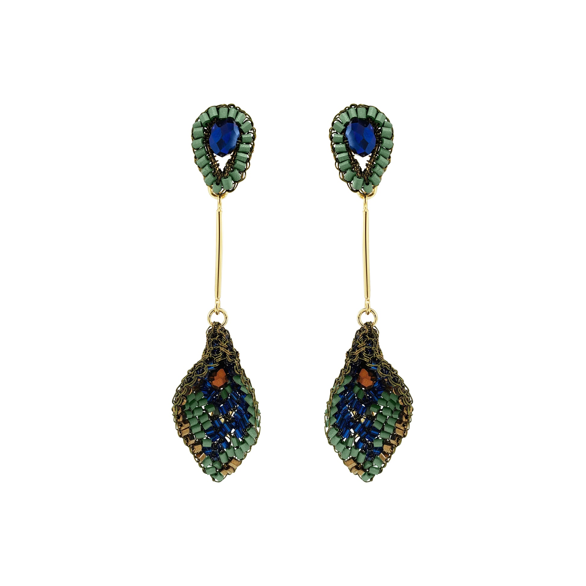 A pair of beaded drop earrings with green and blue beadwork, gold-tone metal bars, and oval blue center stones, shown on a plain white background. Shop Riviera Mix Tulip Earrings, handcrafted in Brazil with 18K gold filled and enameled wire. Lightweight leaf dangle earrings in blue, sage green and bronze.