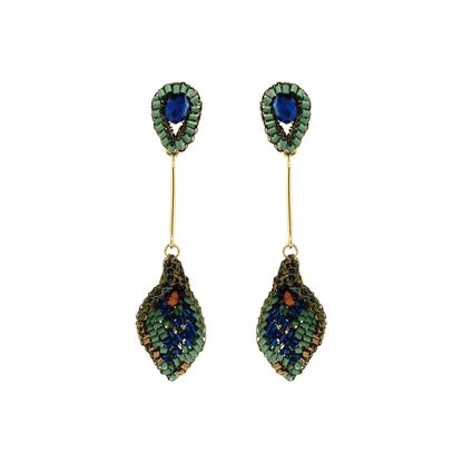 A pair of beaded drop earrings with green and blue beadwork, gold-tone metal bars, and oval blue center stones, shown on a plain white background. Shop Riviera Mix Tulip Earrings, handcrafted in Brazil with 18K gold filled and enameled wire. Lightweight leaf dangle earrings in blue, sage green and bronze.