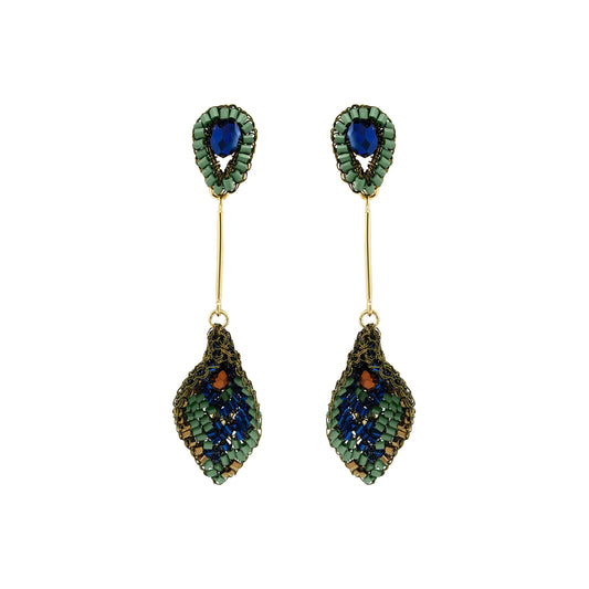 A pair of beaded drop earrings with green and blue beadwork, gold-tone metal bars, and oval blue center stones, shown on a plain white background. Shop Riviera Mix Tulip Earrings, handcrafted in Brazil with 18K gold filled and enameled wire. Lightweight leaf dangle earrings in blue, sage green and bronze.
