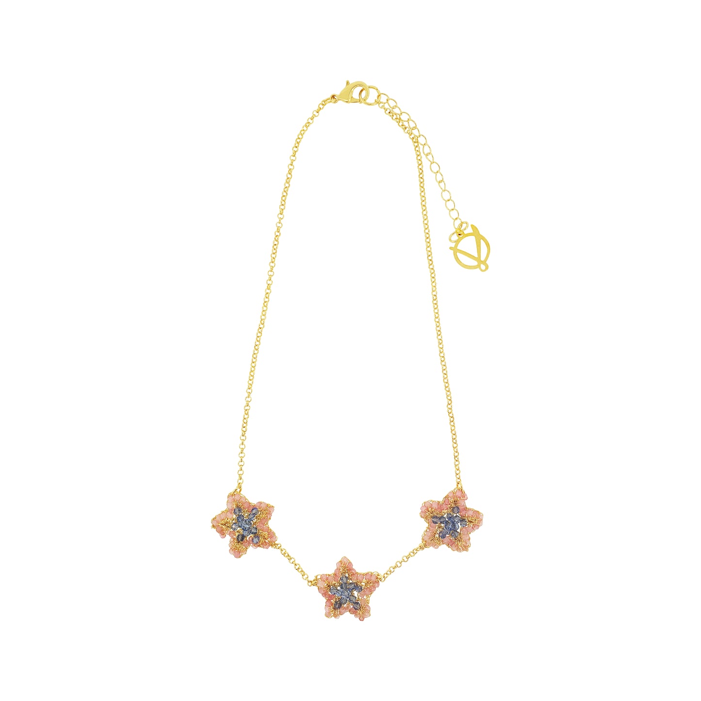 Sea-star-Light-Pink-Blue-Gold-trio-Handmade-Crochet-Necklace-18k-gold-filled-wire-hypoallergenic-lightweight-statement-soul-collection