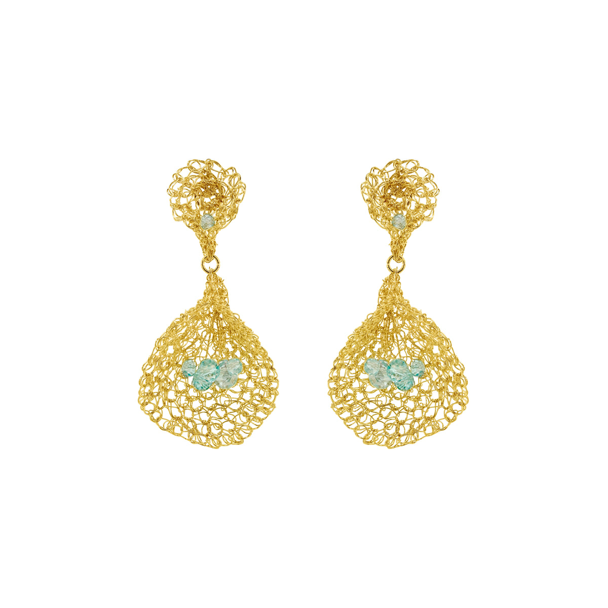 Shop Seafoam Blue Calla Bloom Teardrop Earrings. Handmade in Brazil with 18k gold-filled wire, aqua crystals, and an elegant lightweight crochet design.