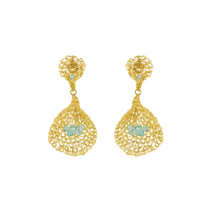 Shop Seafoam Blue Calla Bloom Teardrop Earrings. Handmade in Brazil with 18k gold-filled wire, aqua crystals, and an elegant lightweight crochet design.