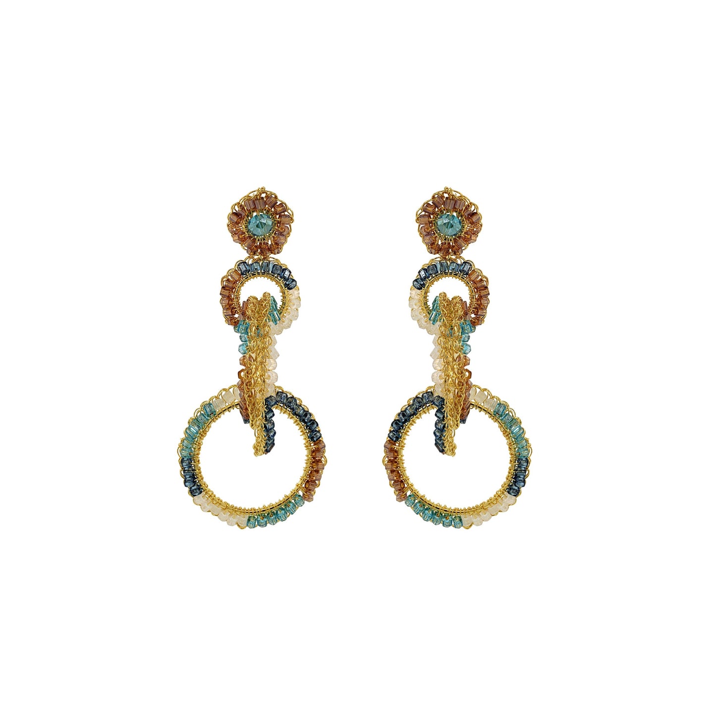 A pair of hand-crocheted earrings with gold-filled wire and blue and clear crystals. Interlocked link hand-crocheted earrings handmade in Brazil with 18 karat gold filled wire, aqua, ivory, champagne, and seafoam blue bead accents, sparkling crystals, and layered circular links.