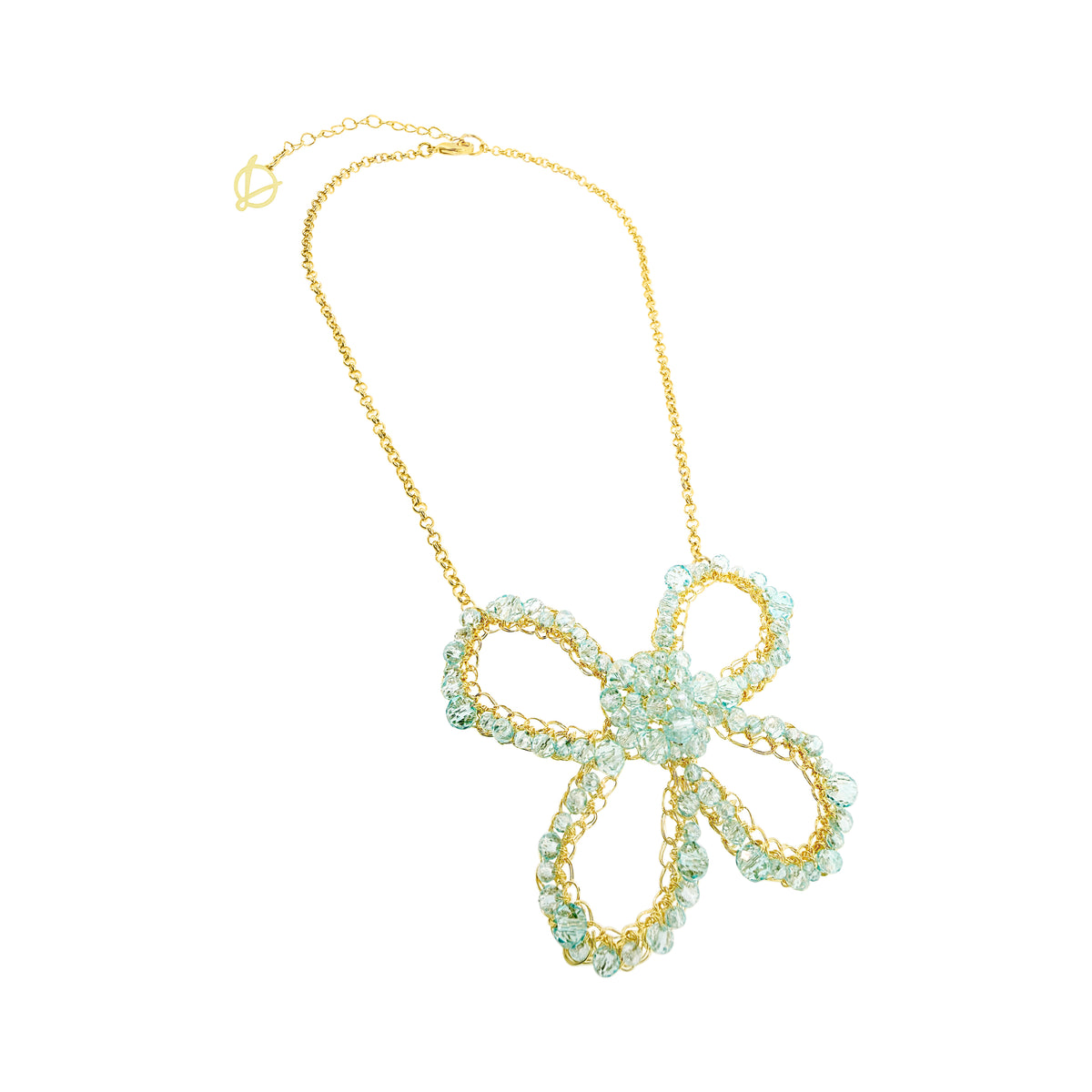 Shop the Seafoam Blue Open Bloom Necklace. Handcrafted in Brazil with 18k gold-filled wire, sparkling aqua crystals, and an elegant open-flower design.