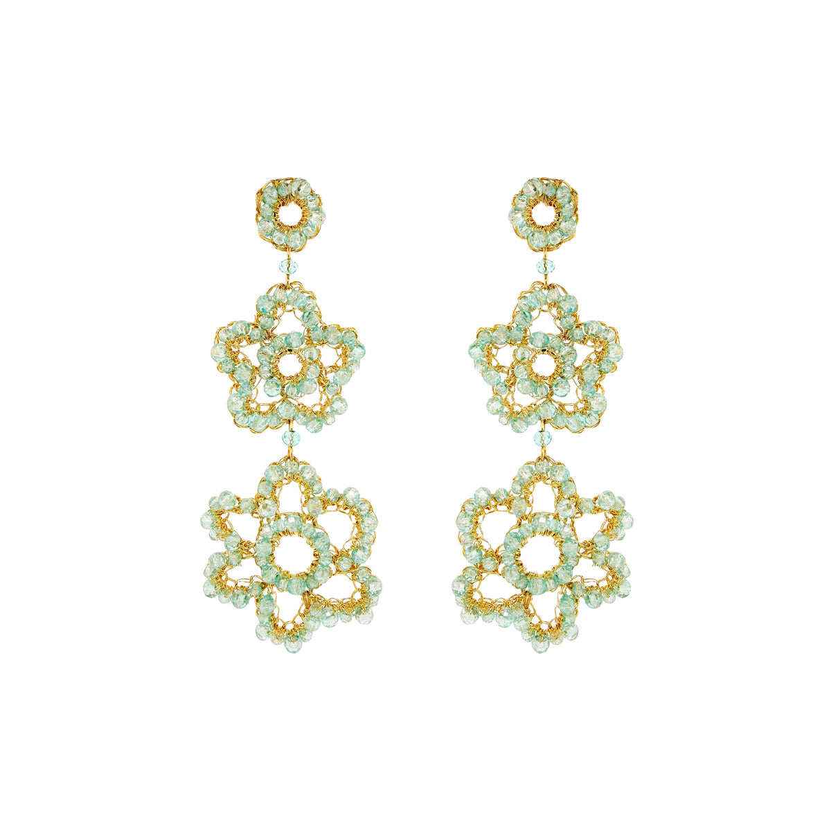 Seafoam Blue Sunburst Duo Earrings featuring cascading hand-crocheted floral designs with pale aqua crystals and 18k gold-filled wire on a white background.