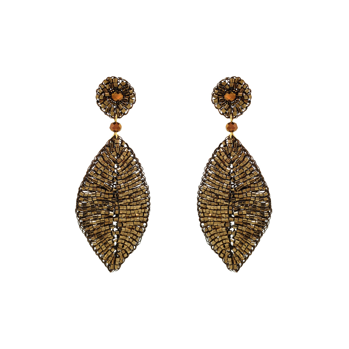 A pair of gold-toned beaded dangle earrings with textured leaf-shaped drops and circular floral studs, shown on a plain white background. Gold Leaf Statement Earrings | Hand-Crocheted Brazilian Jewelry