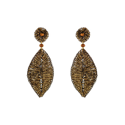 A pair of gold-toned beaded dangle earrings with textured leaf-shaped drops and circular floral studs, shown on a plain white background. Gold Leaf Statement Earrings | Hand-Crocheted Brazilian Jewelry