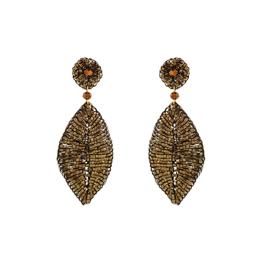 A pair of gold-toned beaded dangle earrings with textured leaf-shaped drops and circular floral studs, shown on a plain white background. Gold Leaf Statement Earrings | Hand-Crocheted Brazilian Jewelry