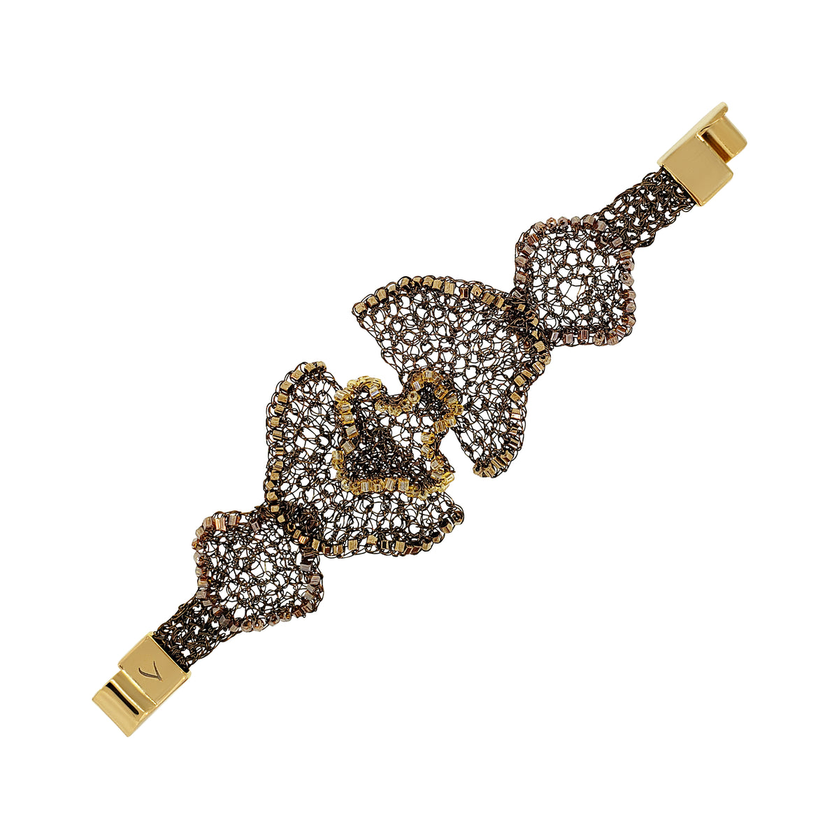 A gold-plated stretch bracelet featuring three large, textured fan-shaped links paved with clear stones, accented with gold trim, shown on a plain white background.