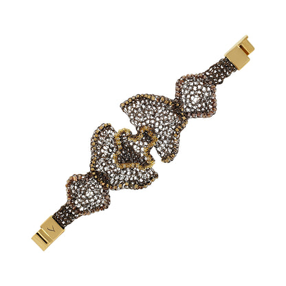 A gold-plated stretch bracelet featuring three large, textured fan-shaped links paved with clear stones, accented with gold trim, shown on a plain white background.