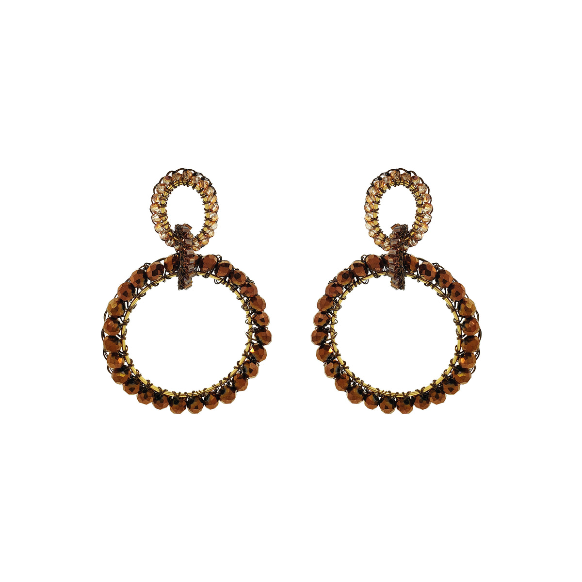 Pair of circular earrings with brown gemstones on a white background. Shop handcrafted double circle earrings featuring 18K gold-filled and enameled copper wire with sparkling crystals. Lightweight, hypoallergenic and handmade in Brazil.