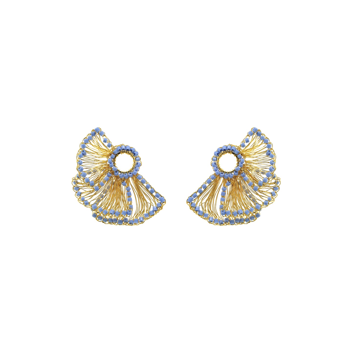 Sky-Blue-Gold-Feather-Post-Handmade Crochet-Earrings-18k-gold-filled-wire-hypoallergenic-lightweight-statement-soul-collection