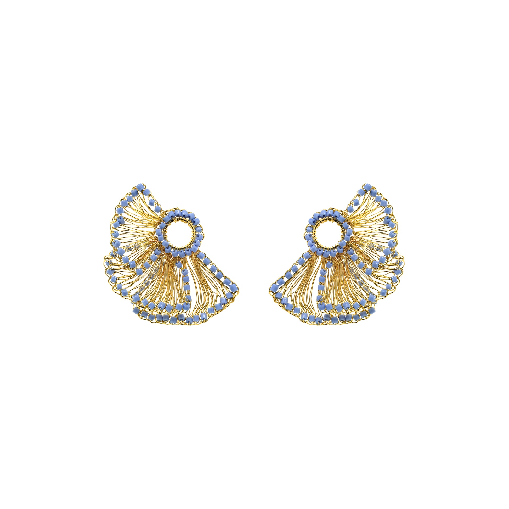 Sky-Blue-Gold-Feather-Post-Handmade Crochet-Earrings-18k-gold-filled-wire-hypoallergenic-lightweight-statement-soul-collection