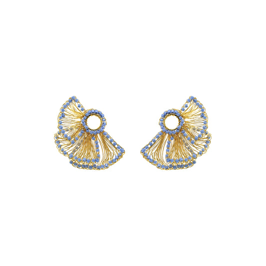 Sky-Blue-Gold-Feather-Post-Handmade Crochet-Earrings-18k-gold-filled-wire-hypoallergenic-lightweight-statement-soul-collection