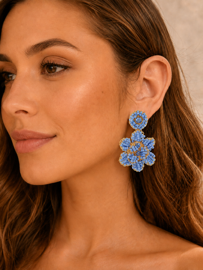 mini floral earrings, hand-crocheted earrings, sky blue earrings, sky blue bead earrings, 18k gold filled earrings, handmade Brazilian earrings, artisan gold earrings, lightweight statement earrings, hypoallergenic earrings, nickel free earrings, lead free earrings, floral earrings, handmade jewelry, Brazilian artisan jewelry, everyday gold earrings, special occasion earrings