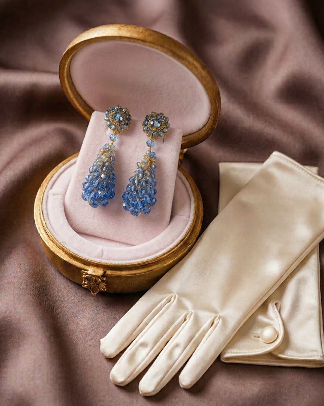 Blue gemstone earrings in a decorative box with a white glove on a brown fabric background