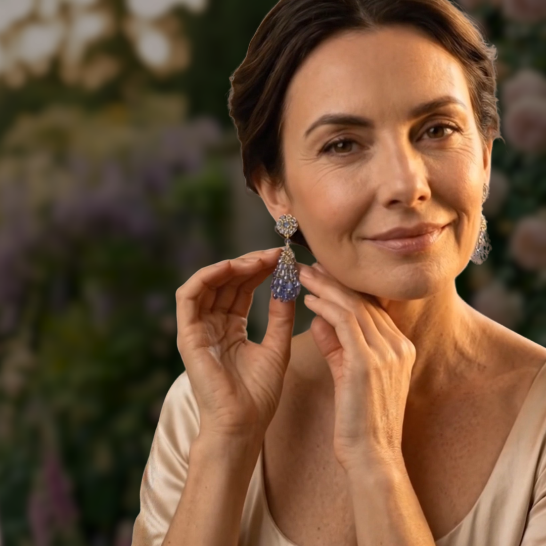 Woman wearing earrings with a blurred floral background. Bridgeton