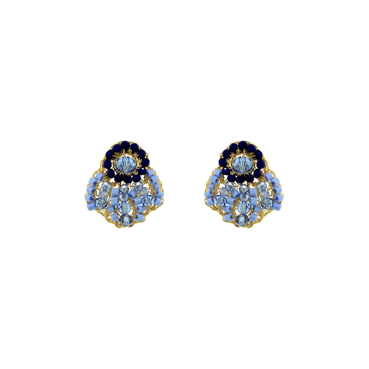 Small-Blue-Gold-Sea-Shell-Post-Handmade-Crochet-Earrings-18k-gold-filled-wire-hypoallergenic-lightweight-statement-soul-collection