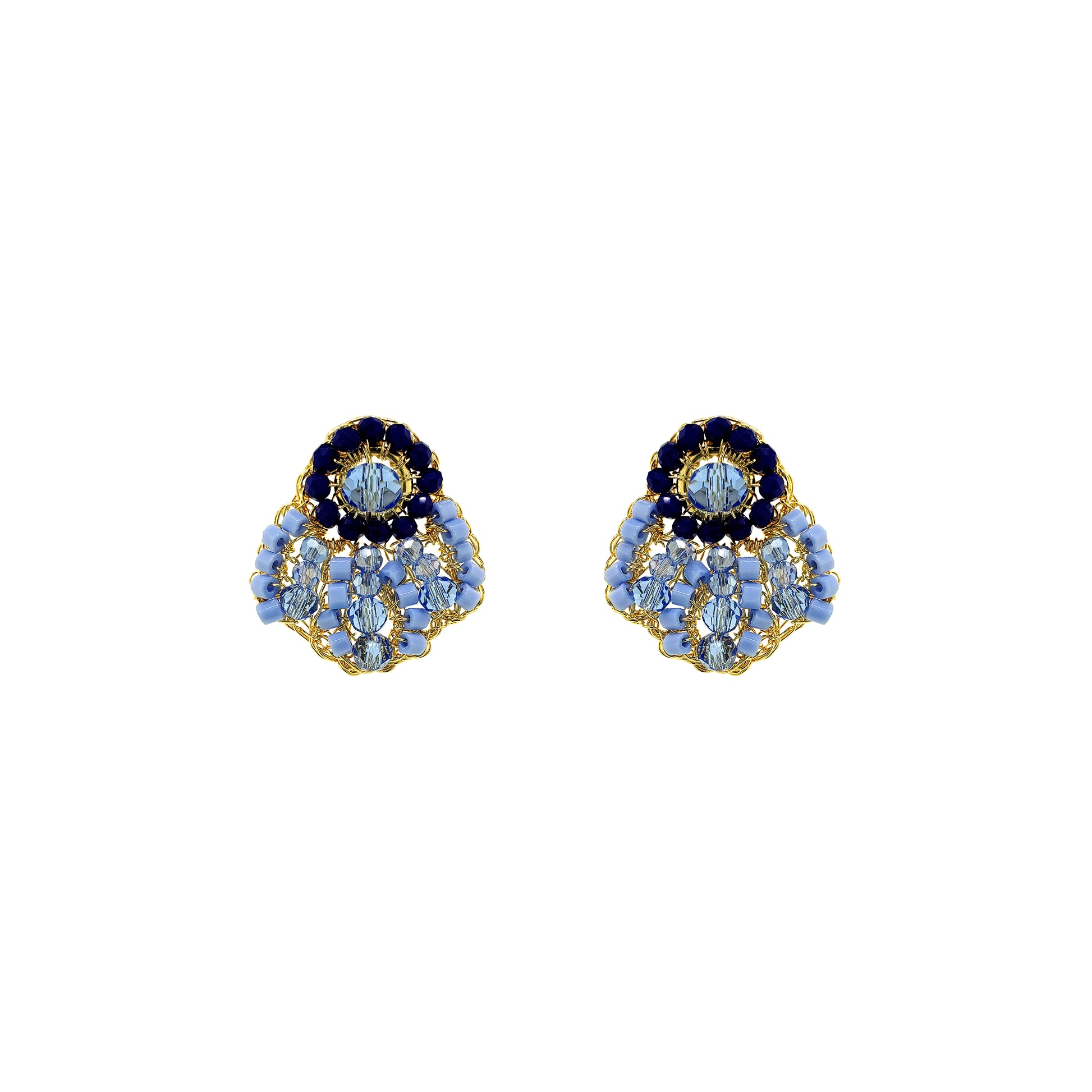 Small-Blue-Gold-Sea-Shell-Post-Handmade-Crochet-Earrings-18k-gold-filled-wire-hypoallergenic-lightweight-statement-soul-collection