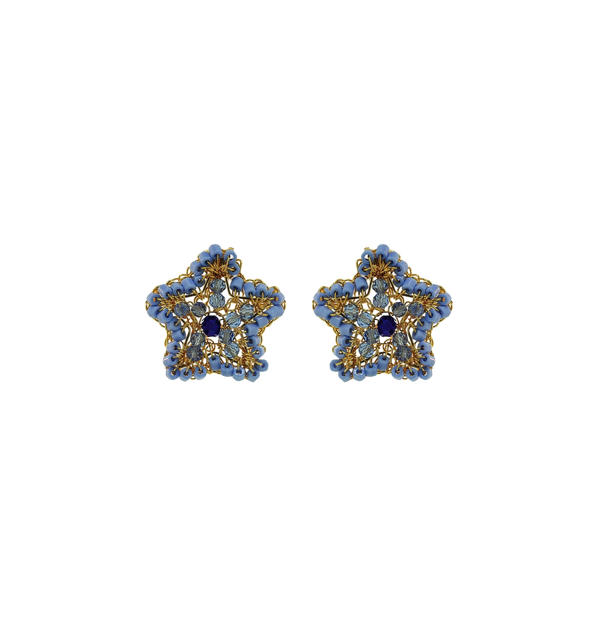 Small-Blue-Gold-Sea-Star-Mini-Post-Handmade-Crochet-Earrings-18k-gold-filled-wire-hypoallergenic-lightweight-statement-soul-collection