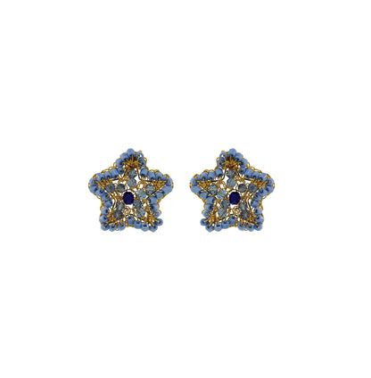 Small-Blue-Gold-Sea-Star-Mini-Post-Handmade-Crochet-Earrings-18k-gold-filled-wire-hypoallergenic-lightweight-statement-soul-collection
