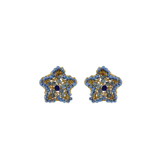 Small-Blue-Gold-Sea-Star-Mini-Post-Handmade-Crochet-Earrings-18k-gold-filled-wire-hypoallergenic-lightweight-statement-soul-collection