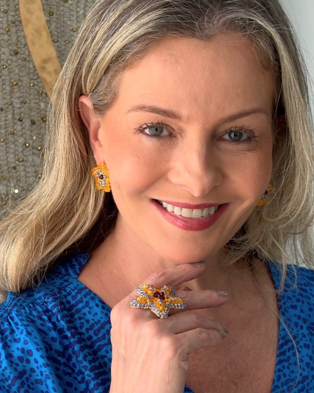 Small-Blue-Red-Orange-Gold-Sea-Star-Mini-Post-Handmade-Crochet-Earrings-ring-model-18k-gold-filled-wire-hypoallergenic-lightweight-statement-soul-collection