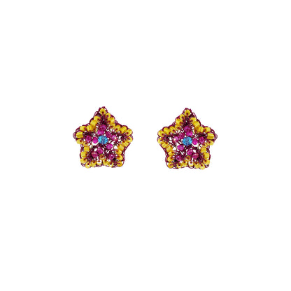 Small-Blue-Yellow-Fuchsia-Gold-Sea-Star-Mini-Post-Handmade-Crochet-Earrings-18k-gold-filled-wire-hypoallergenic-lightweight-statement-brazilian-soul-collection