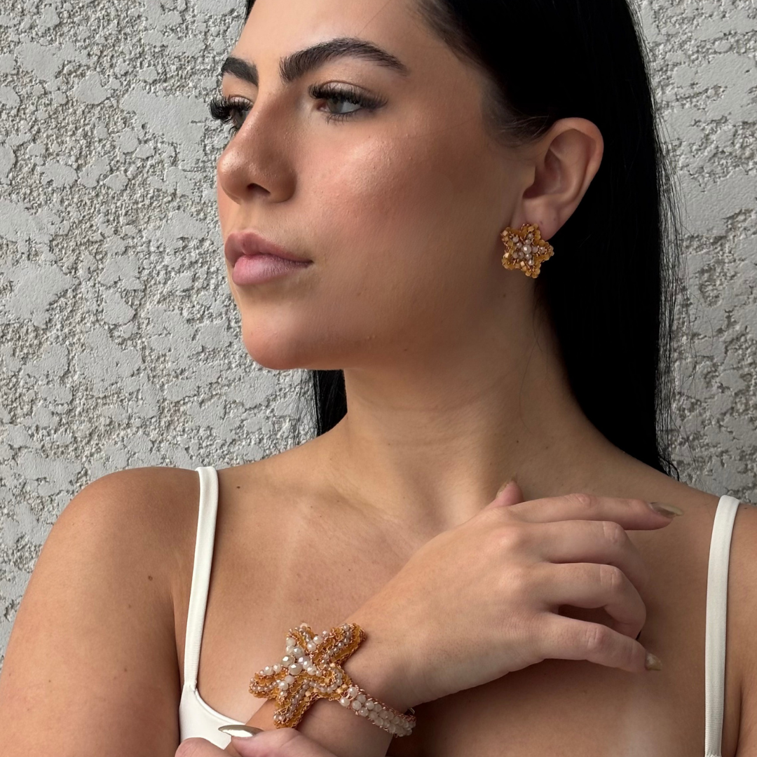 Small-Butter-Yellow-Beige-Gold-Sea-Star-Mini-Post-Handmade-Crochet-Earrings-Bracelet-ring-model-18k-gold-filled-wire-hypoallergenic-lightweight-statement-soul-collection