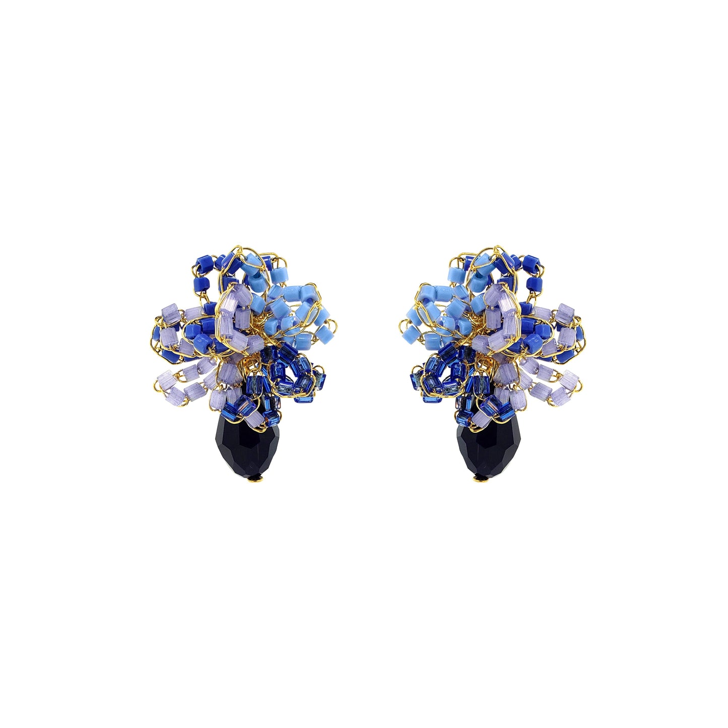 Small-Drop-Flower-Blue-Gold-Drizzle-Mini-Post-Handmade-Crochet-Earrings-18k-gold-filled-wire-hypoallergenic-lightweight-statement-soul-collection