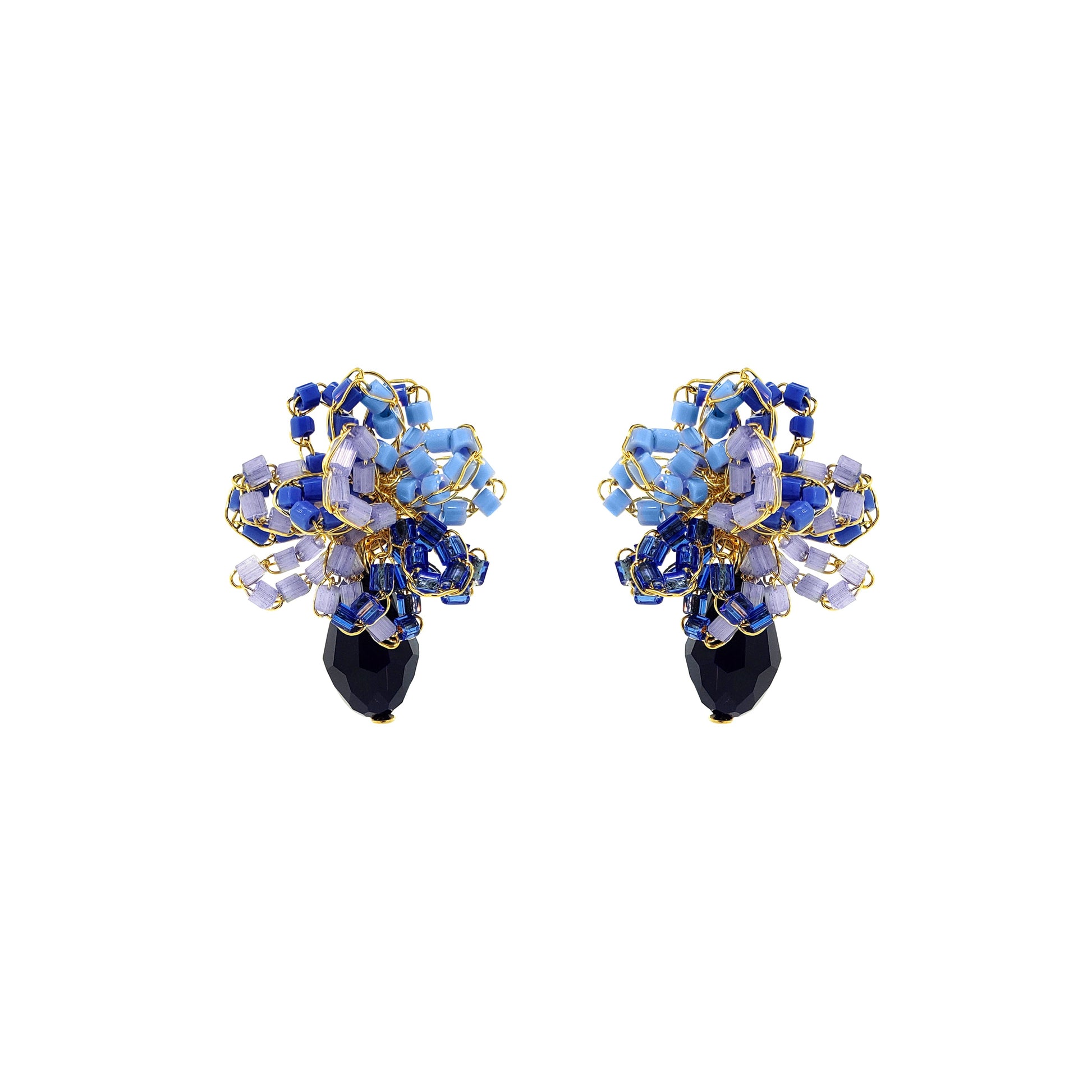 Small-Drop-Flower-Blue-Gold-Drizzle-Mini-Post-Handmade-Crochet-Earrings-18k-gold-filled-wire-hypoallergenic-lightweight-statement-soul-collection