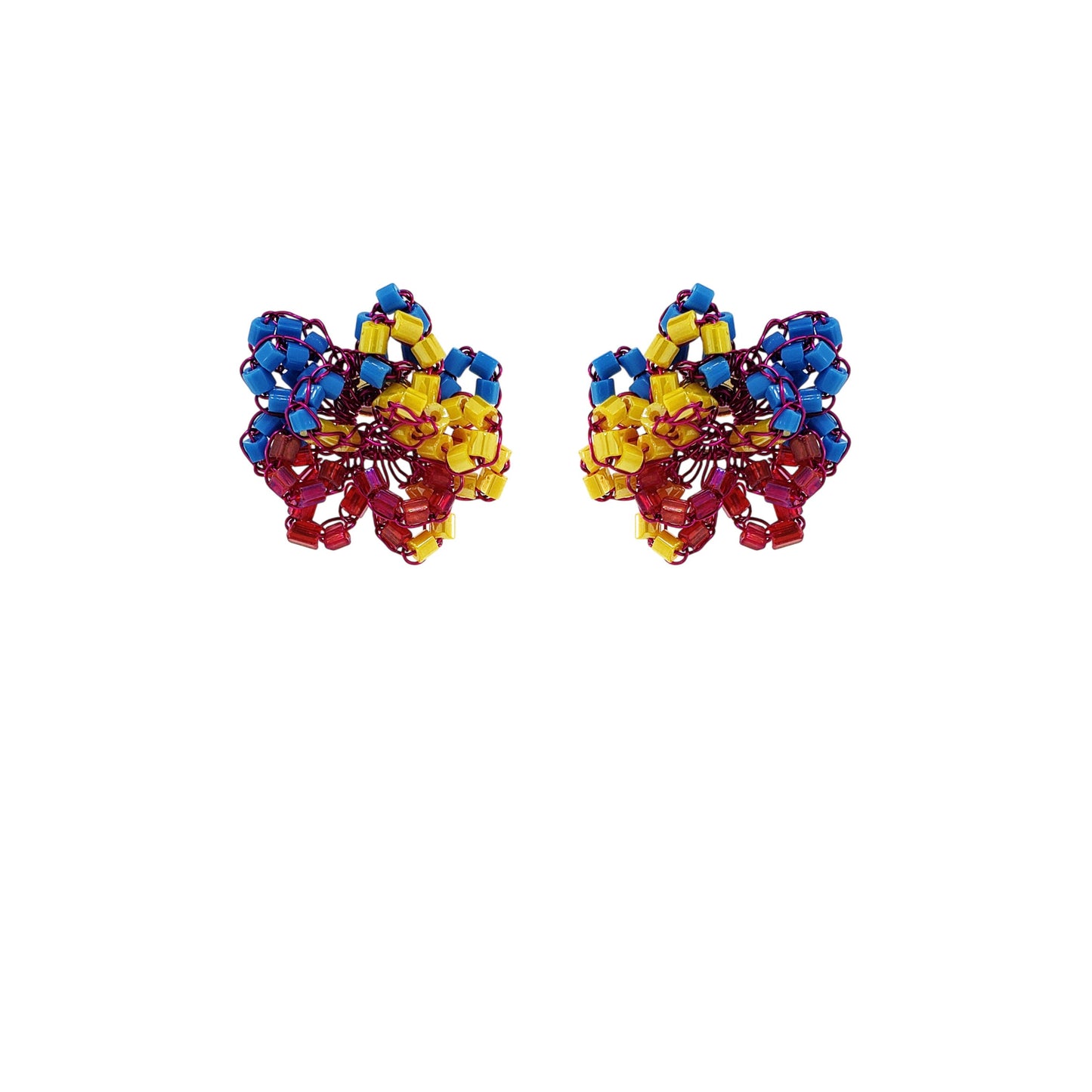 Small-Flower-Blue-Fuchsia-Yellow-Gold-Abbey-Post-Handmade-Crochet-Earrings-18k-gold-filled-wire-hypoallergenic-lightweight-statement-brazilian-soul-collection
