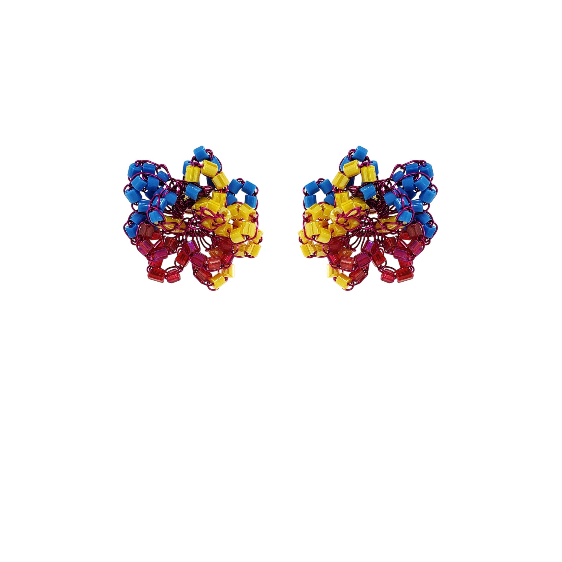 Small-Flower-Blue-Fuchsia-Yellow-Gold-Abbey-Post-Handmade-Crochet-Earrings-18k-gold-filled-wire-hypoallergenic-lightweight-statement-brazilian-soul-collection