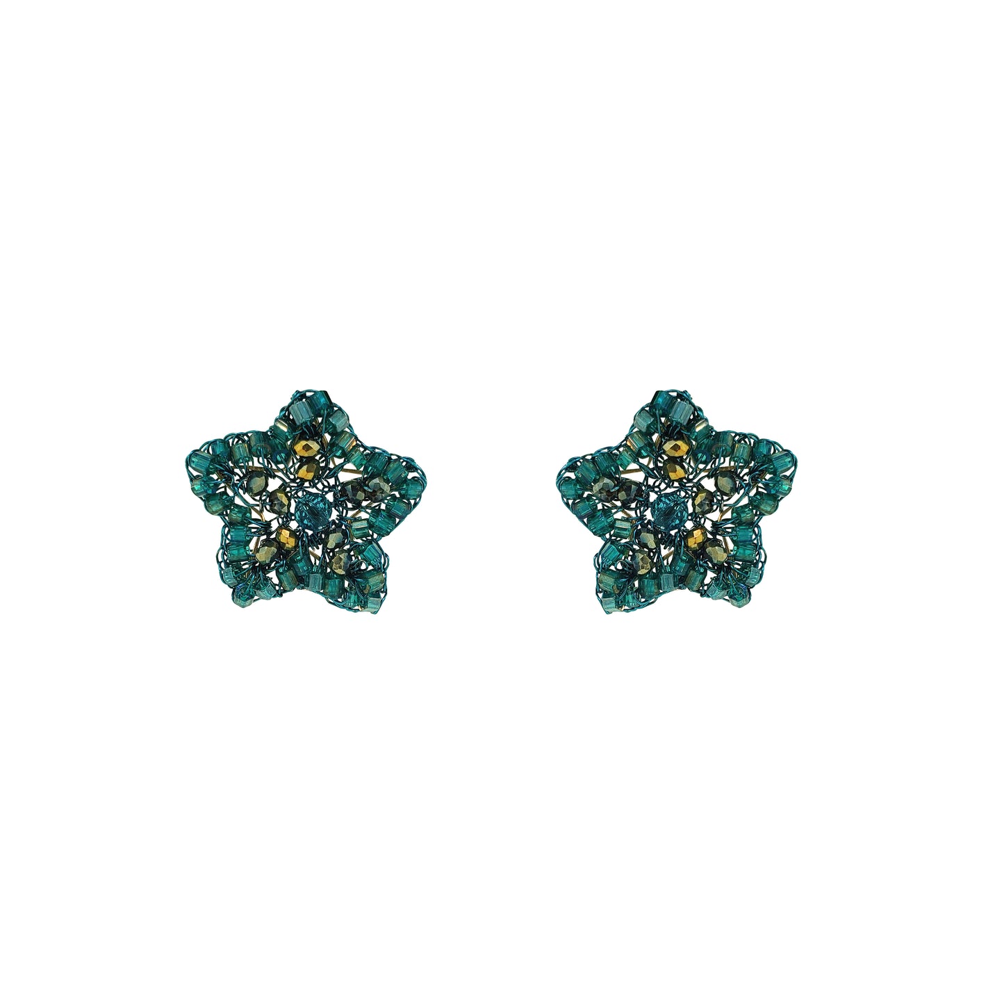 Small-Teal-Green-Gold-Sea-Star-Mini-Post-Handmade-Crochet-Earrings-18k-gold-filled-wire-hypoallergenic-lightweight-statement-soul-collection