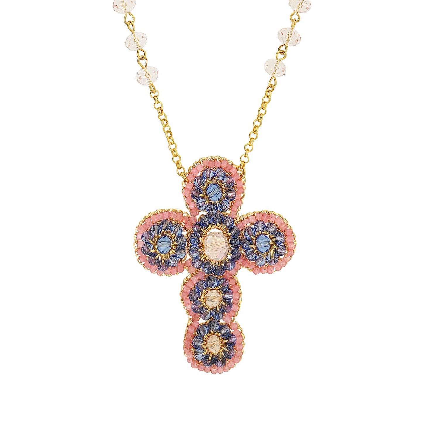 Soft-Pink-Blue-Gold-Royale-Mini-necklace-Handmade-Crochet-Cross-pendant-handmade-crochet-necklace-with-unique-design-18k-gold-filled-wire-hypoallergenic-lightweight-statement-detail