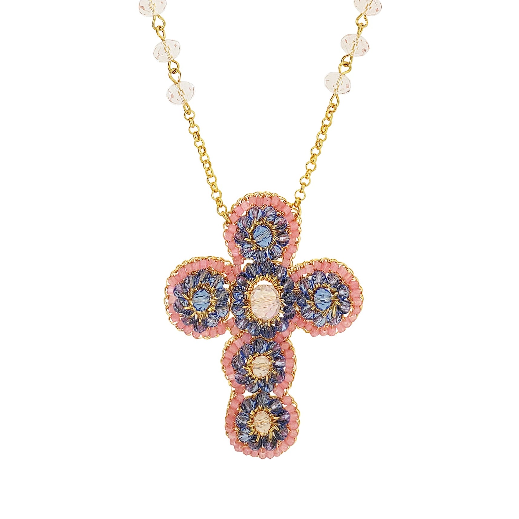 Soft-Pink-Blue-Gold-Royale-Mini-necklace-Handmade-Crochet-Cross-pendant-handmade-crochet-necklace-with-unique-design-18k-gold-filled-wire-hypoallergenic-lightweight-statement-detail