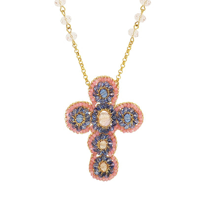 Soft-Pink-Blue-Gold-Royale-Mini-necklace-Handmade-Crochet-Cross-pendant-handmade-crochet-necklace-with-unique-design-18k-gold-filled-wire-hypoallergenic-lightweight-statement-detail