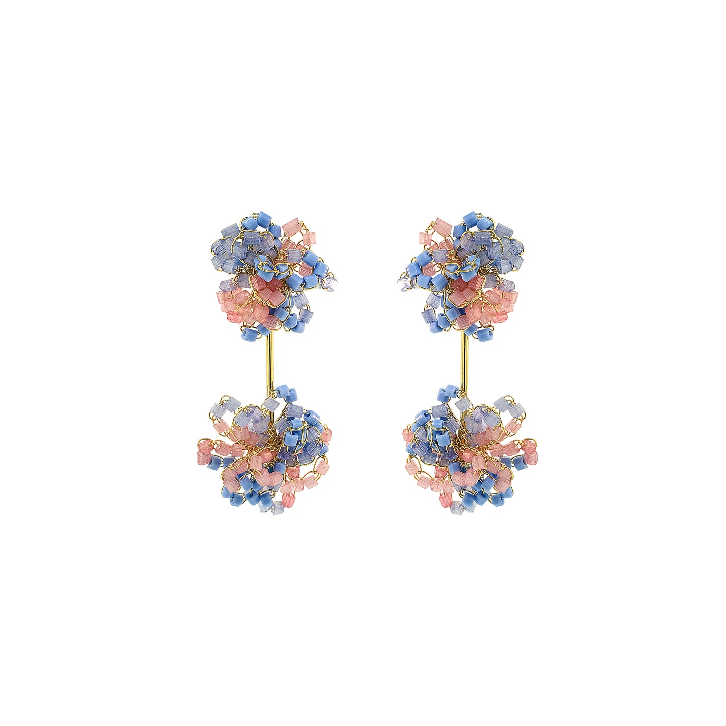 Pair of floral earrings with pink and blue stones on a white background. Drizzle hand-crocheted dangle earrings made with 18 karat gold filled wire, handcrafted in Brazil with hypoallergenic and nickel-free materials.