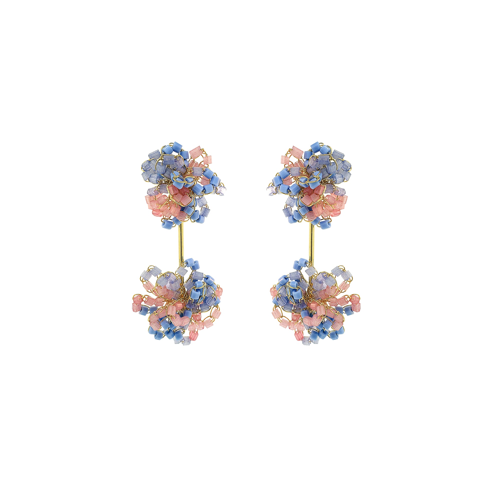 Pair of floral earrings with pink and blue stones on a white background. Drizzle hand-crocheted dangle earrings made with 18 karat gold filled wire, handcrafted in Brazil with hypoallergenic and nickel-free materials.